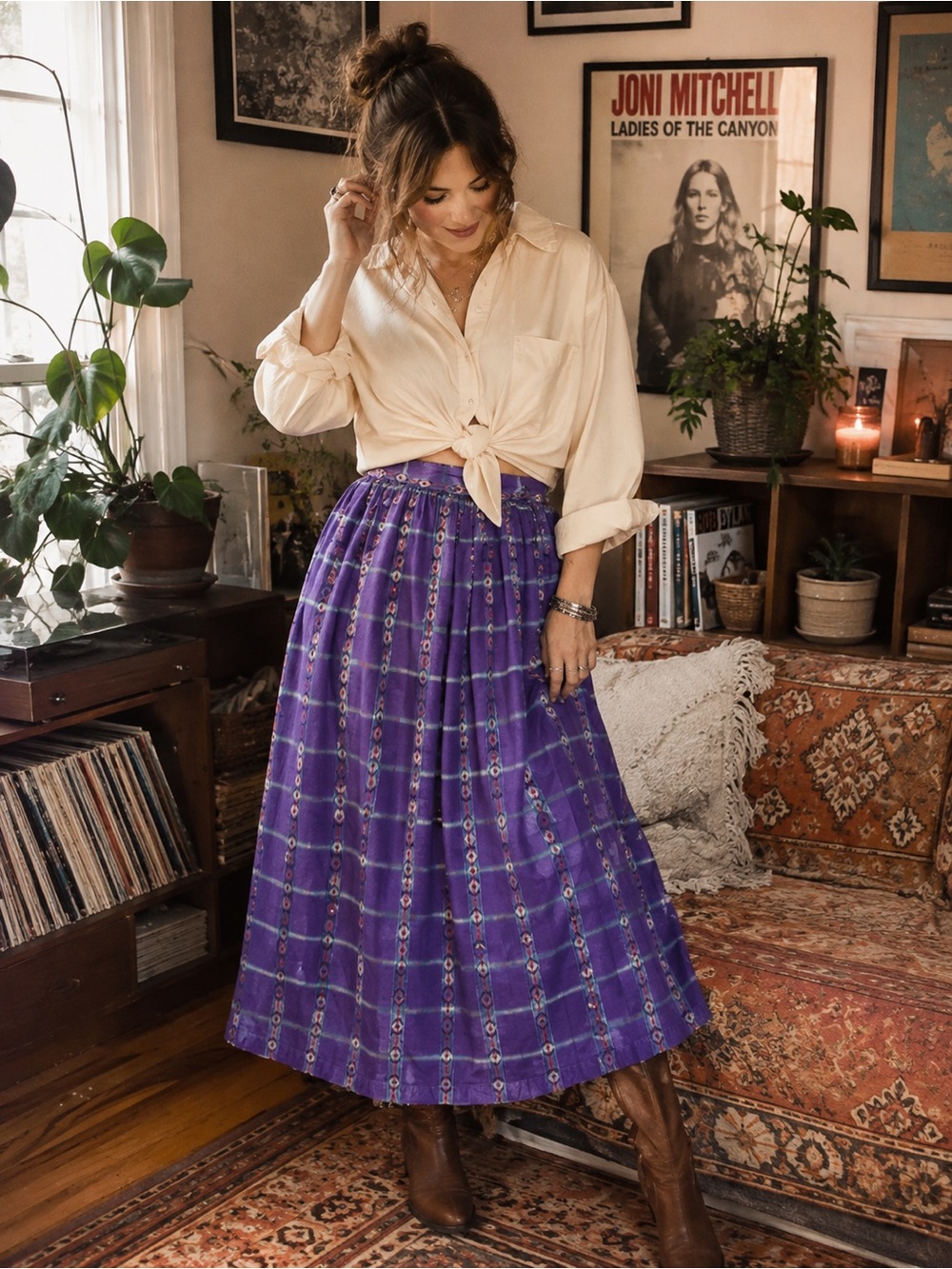 Vintage Eddie Bauer Purple Woven Plaid Southwestern Midi Maxi Skirt 25” Waist
